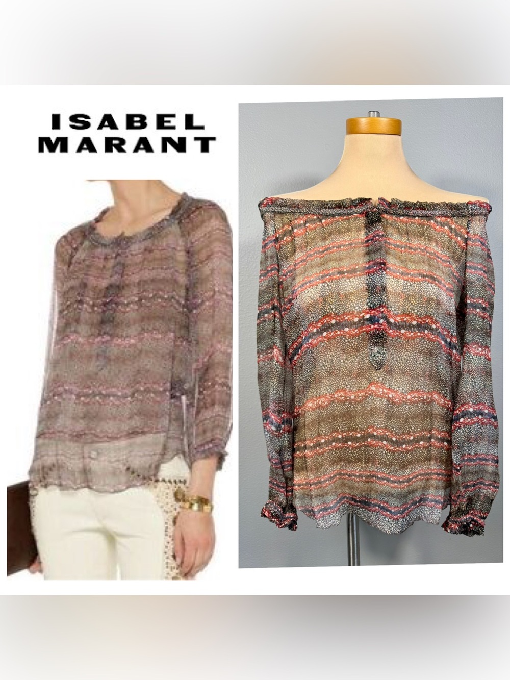 Isabel Marant Etoile Silk Sheer Print Off The Shoulder Peasant Blouse
